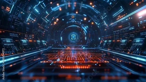 Fototapeta Futuristic Digital Tunnel with Glowing Architectural Structures and Radiant Lights