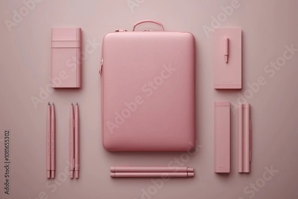 Fototapeta Stylish office supplies arrangement minimalist setting product photography soft color palette aesthetic view modern workspace design