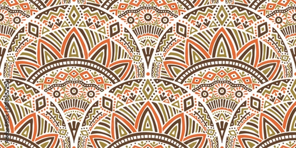 Fototapeta Seamless African pattern with scallop shape. Savanna tribal vector ornament. Hand drawn ethnic carpet with weave. Modern geo print on textile. Ancient rug design for bohemian interior.