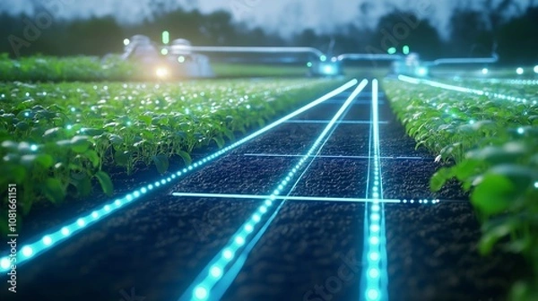 Fototapeta A smart irrigation system in a sustainable farm, where sensors monitor soil moisture and automated sprinklers adjust water usage accordingly. 