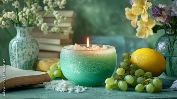 Fototapeta A green bowl with a candle in it sits on a table with a book, a vase