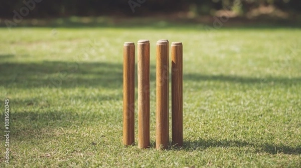 Fototapeta A cricket wicket stumps and bails, outdoor setting with green pitch backdrop, Natural style