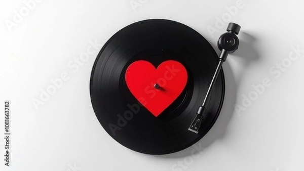 Obraz Black vinyl record with a red heart label on a white background with copy space. Flat lay composition. Valentine's Day and music love concept. Design for greeting card, poster, invitation, banner