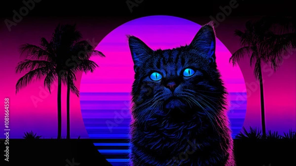 Obraz Neon cat portrait, surreal cyberpunk feline with glowing eyes in retro synthwave style
