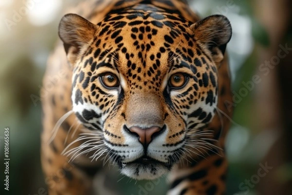 Fototapeta  A close up of a jaguar's face in the jungle