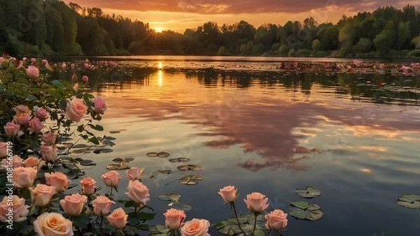 Obraz A romantic sunset over a tranquil lake, with heart-shaped clouds reflecting on the water, surrounded by blossoming roses and soft golden light