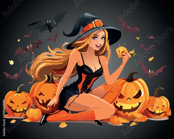 Obraz Halloween Witch with Pumpkins Vector Illustration