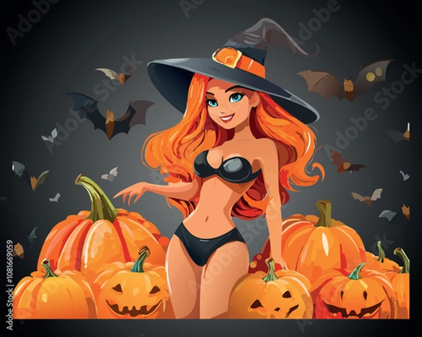 Obraz Halloween Witch with Pumpkins Vector Illustration