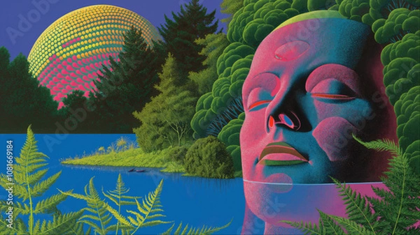 Obraz Surreal psychedelic portrait with cosmic landscape elements, Retro-futuristic digital human in nature concept composition