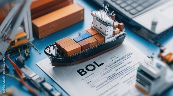 Fototapeta Shipping invoice with bol documentation maritime transport business context office environment aerial view logistics management