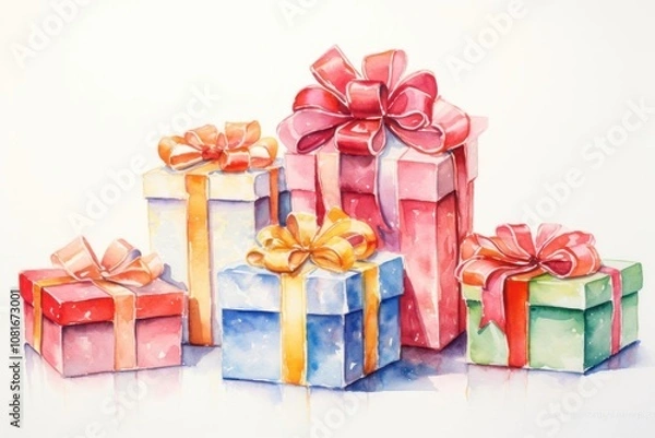 Obraz Incorporate a festive watercolor design with beautifully wrapped Christmas presents in various sizes