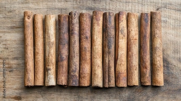 Fototapeta Row of cinnamon sticks aside on a wooden surface close up, aromatic baking ingredient made from bark, popular flavoring spice for Christmas meal and desserts 