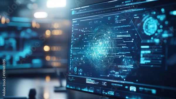Fototapeta Futuristic digital interface displaying complex data visualizations and analytics, showcasing technology and innovation in modern workspace