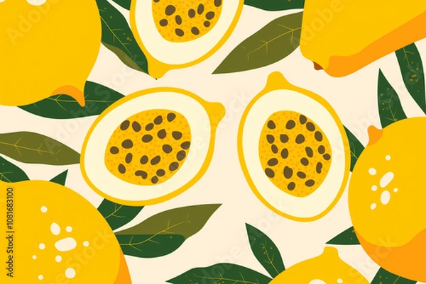 Obraz Yellow fruits and green leaves pattern with passion fruit motifs