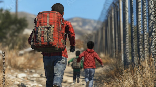 Fototapeta A family of illegal immigrants runs along a fence on a border similar to the one between Mexico and USA