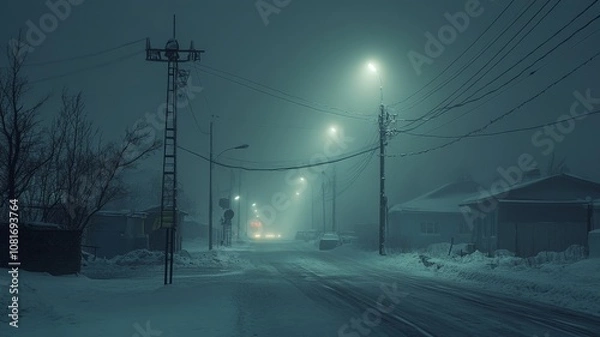 Fototapeta snow in Harbin's rural areas at night, creating a strange and depressing atmosphere