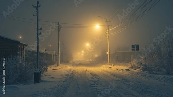 Fototapeta snow in Harbin's rural areas at night, creating a strange and depressing atmosphere