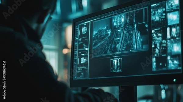 Fototapeta Person analyzing cityscape surveillance footage on a monitor in a dark, high-tech control room