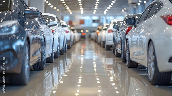 Fototapeta Gleaming Showroom: Rows of New Cars Reflect on Polished Floor