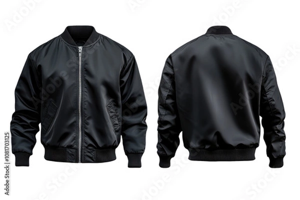 Fototapeta Black bomber jacket mockup, front and back view. transparent background