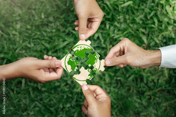 Obraz World environment day. Green Business or corporate and community cooperation for Environment conservation sustainable development goal. volunteers help solve environmental problems. global teamwork