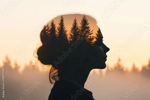 Fototapeta A serene silhouette of a woman with a forest overlay, symbolizing harmony with nature.