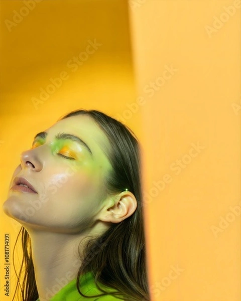Obraz Dynamic Yellow and Green Composition with Woman�s Side Profile