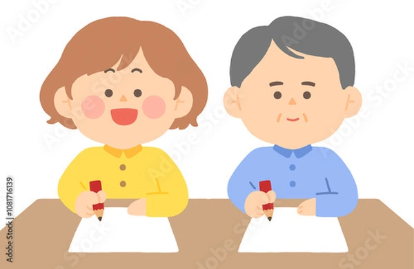 Fototapeta 서류를 작성중인 젊은 여자와 중년 남자