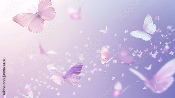 Fototapeta A cute background with tiny pastel butterflies fluttering on a light purple backdrop, with a soft gradient.