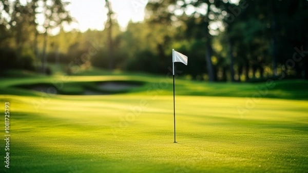 Fototapeta A golf course's flagstick with flag blowing in breeze, green grass and trees in background, Elegant style