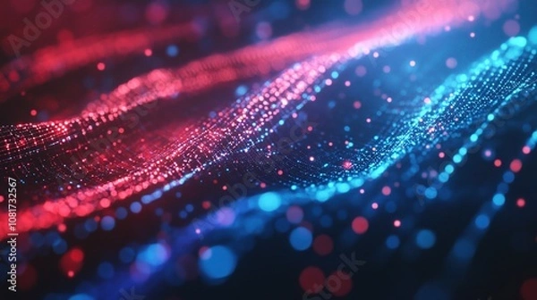 Obraz Glowing digital cyber abstract background with Bitcoin symbol and hologram lines, blue and red light effect. Abstract concept of financial technology, blockchain business idea, or virtual money in a f