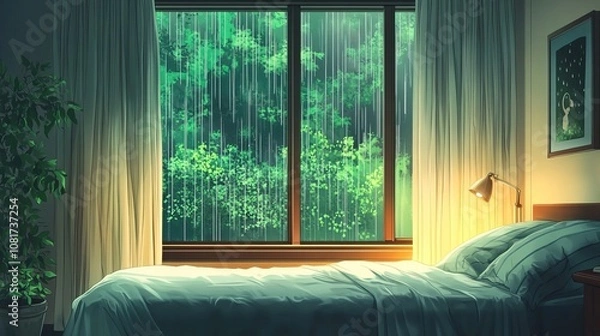 Fototapeta Lofi bedroom with rainy view through large window in the style of anime