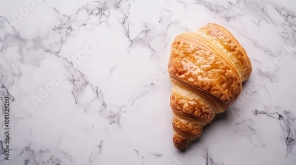 Obraz A freshly baked croissant on a white marble surface.