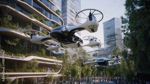 Fototapeta An urban air mobility network integrating flying taxis with public transport systems, ensuring seamless and fast travel across the city