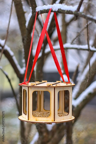 Fototapeta new bird feeder on a snowy branch.