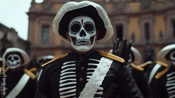 Fototapeta vibrant scene from Day of the Dead festivities features participants in elaborate costumes inspired by historical soldiers, complete with intricately painted skull makeup and colorful headdresses.