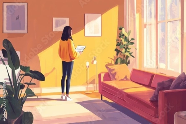 Fototapeta Flat illustration of a woman standing in her living room, checking documents while working remotely