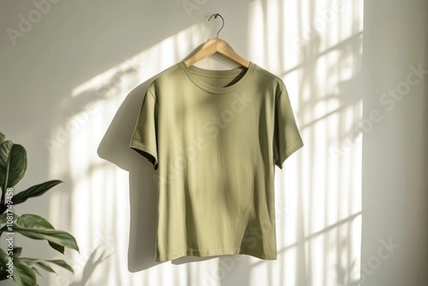 Fototapeta A sage plain t-shirt for a mockup hanging on a hanger in a cozy room setting.