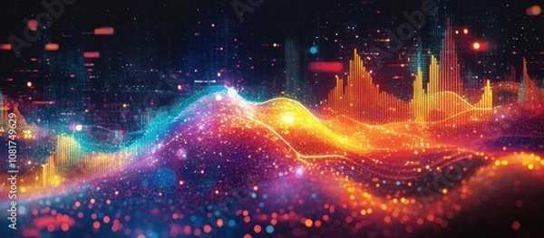 Fototapeta Abstract digital landscape with vibrant colors and glowing particles, creating a futuristic and dynamic scene.