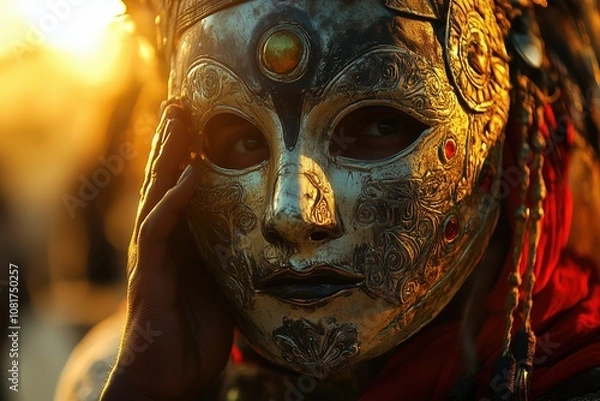 Obraz Persona con una intrincada máscara dorada con luz del atardecer en el festival