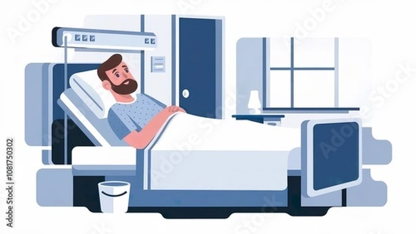 Fototapeta a hospitalized man lying in bed, with a white background space out