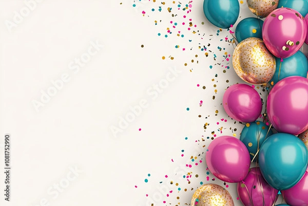 Fototapeta cream color background with balloons in hot pink, teal and gold colors as top border of image banner copyspace birthday