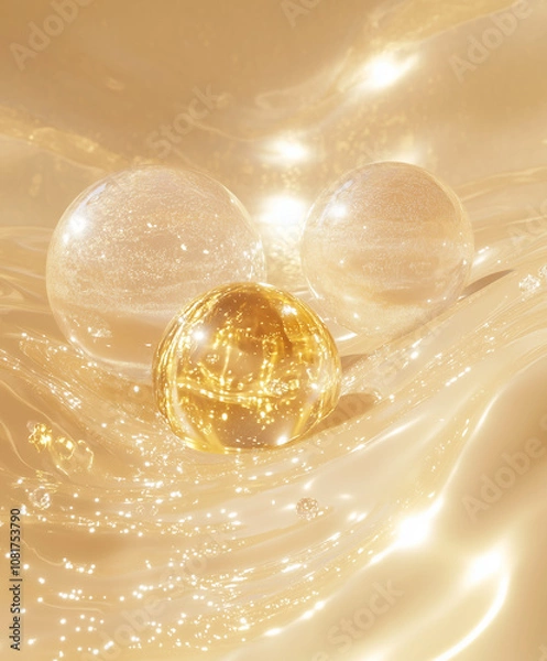 Obraz Surreal Still Life of Collagen Derm Product – White & Gold Glow for Radiant Complexion with Luminous Spheres and Three-Dimensional Illusion