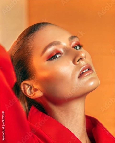 Obraz Bold Fashion Portrait Against Deep Red Background with Strong Profile