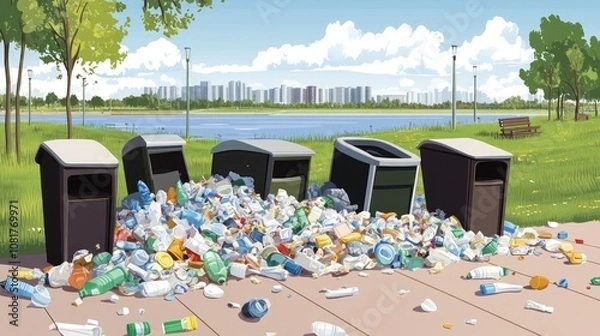Fototapeta Overflowing trash bins surrounded by litter near a park and water body.