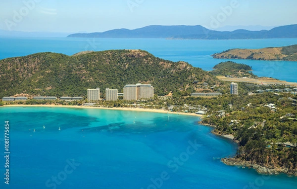 Obraz Stunning aerial view of Hamilton Island in the Whitsunday Islands, Queensland, Australia, showcasing turquoise waters, lush greenery, and white sandy beaches