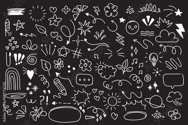 Fototapeta Set of cute pen line doodle element isolated on black background. Hand drawn doodle style collection.