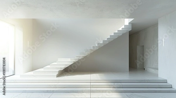 Fototapeta Floating staircase in a minimalist white interior