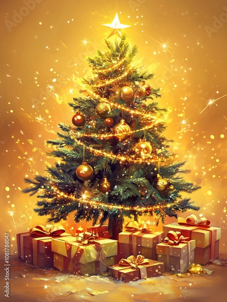 Fototapeta beautiful Christmas tree, decorated with golden ornaments and shimmering lights, creates a classic and timeless holiday scene.