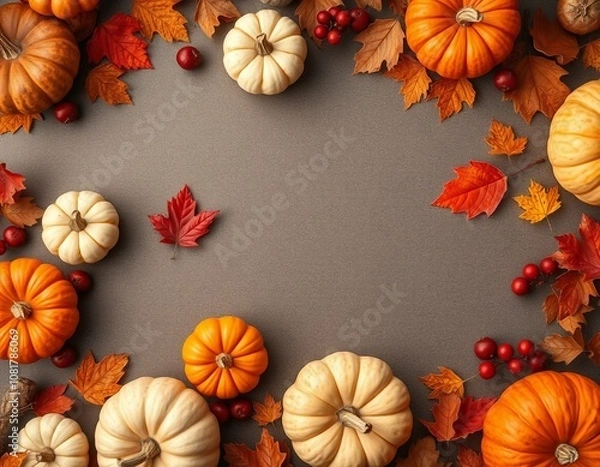 Fototapeta Autumn Elegance A Top-Down Thanksgiving Tablescape with Pumpkins and Leaves with copy space